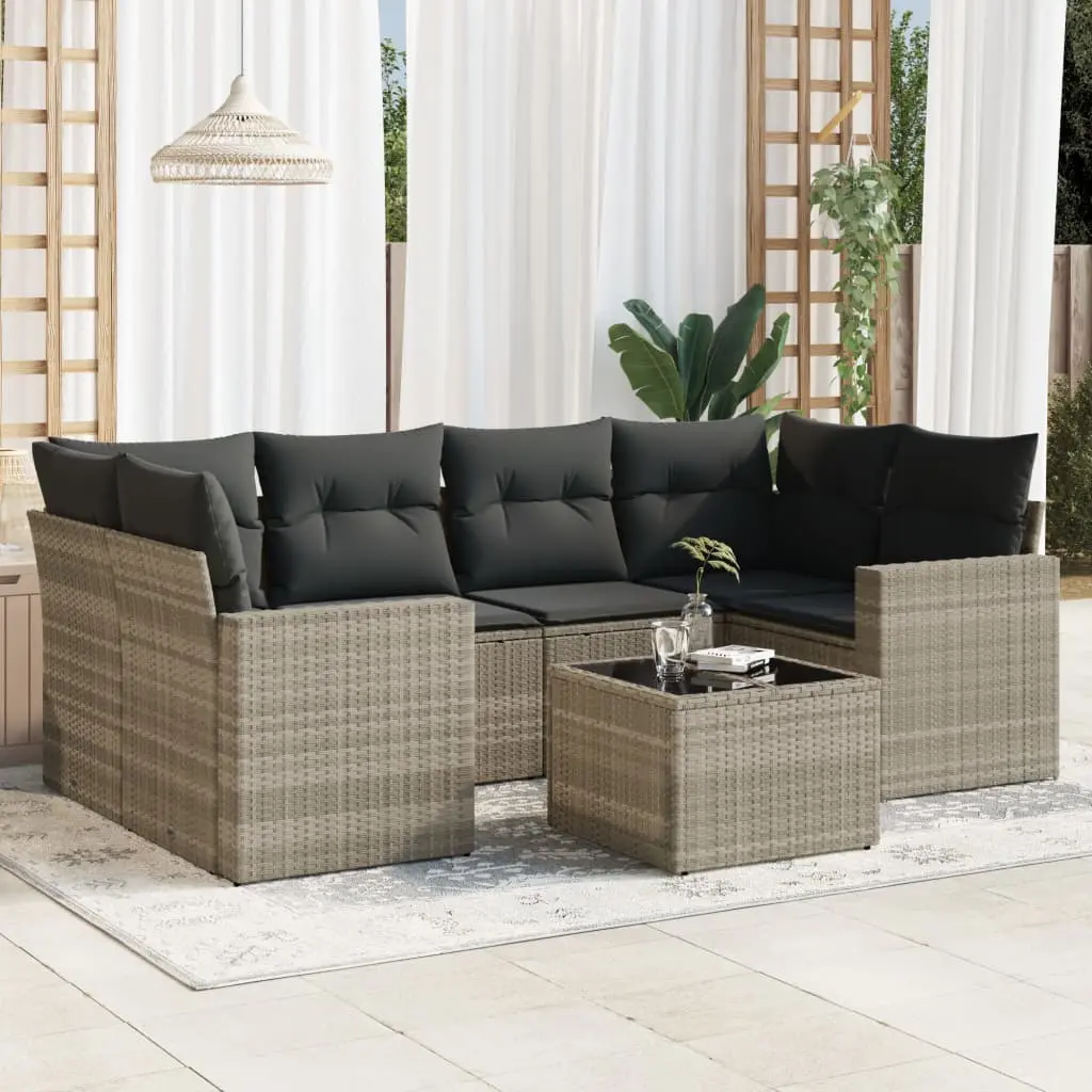 Set Divani da Giardino 7pz con Cuscini Grigio Chiaro Polyrattan