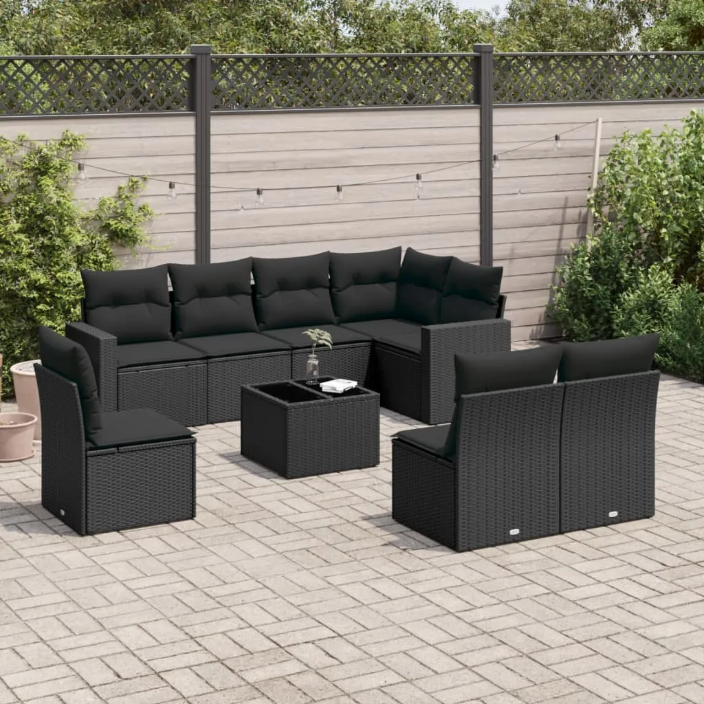 vidaXL Set Divani da Giardino 9 pz con Cuscini Nero in Polyrattan