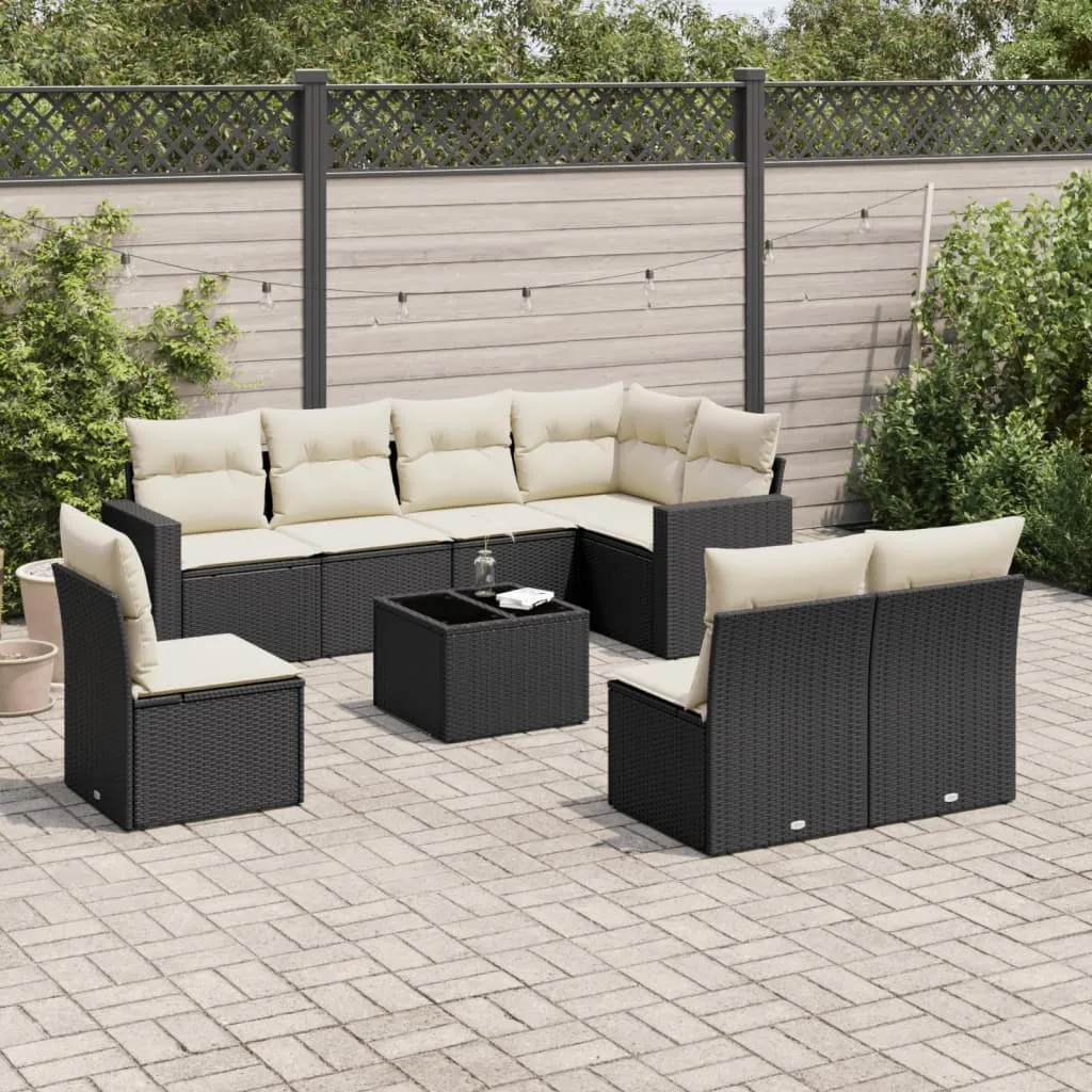 vidaXL Set Divani da Giardino 9 pz con Cuscini Nero in Polyrattan