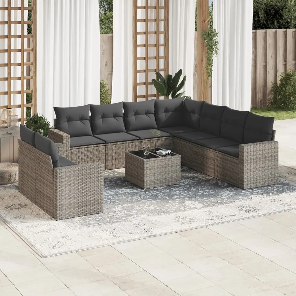 vidaXL Set Divano da Giardino 10 pz con Cuscini Grigio in Polyrattan