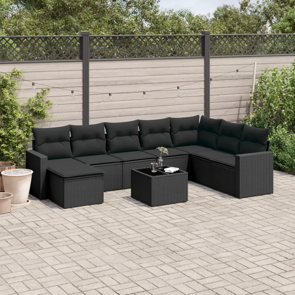 vidaXL Set Divani da Giardino 9 pz con Cuscini Nero in Polyrattan