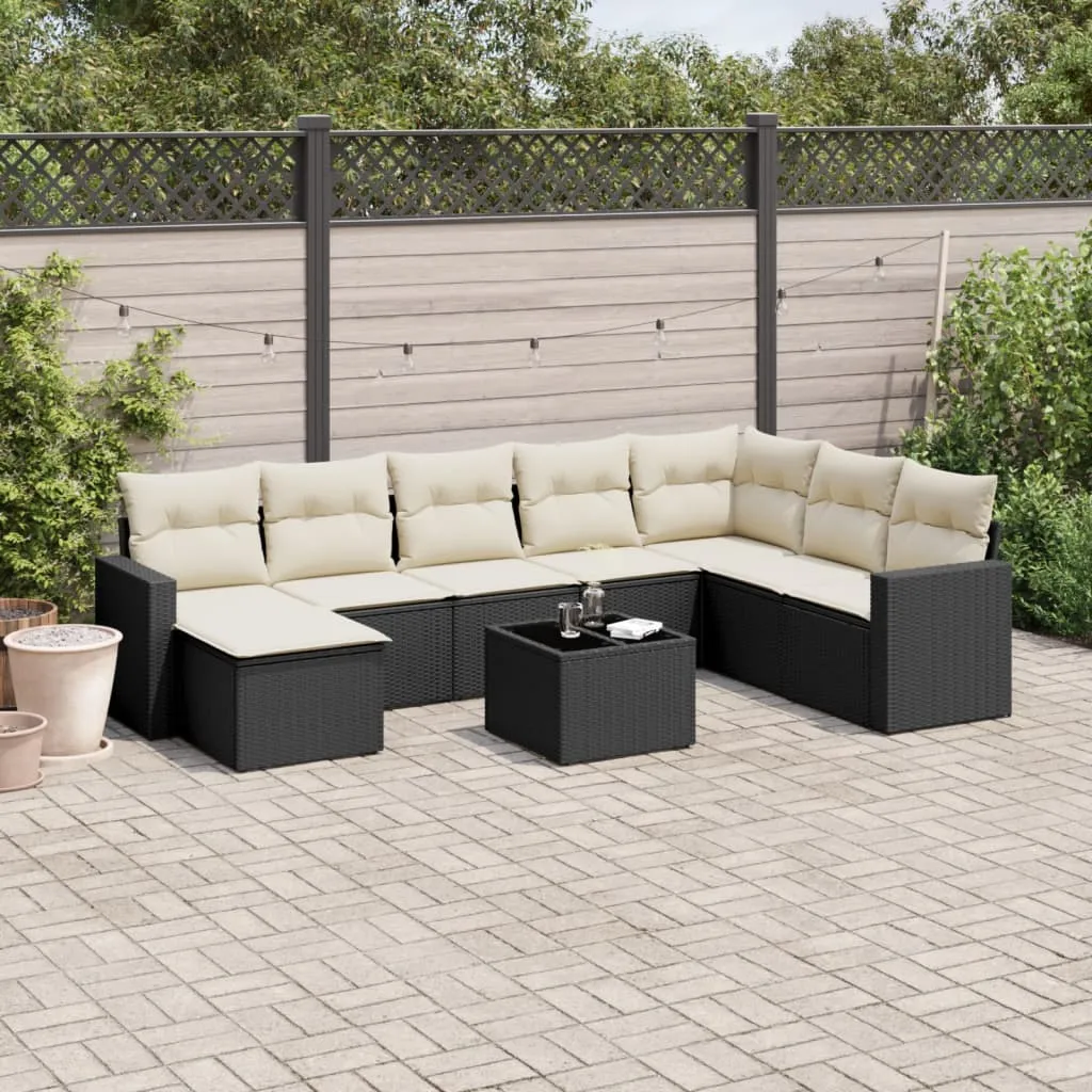 vidaXL Set Divani da Giardino 9 pz con Cuscini Nero in Polyrattan