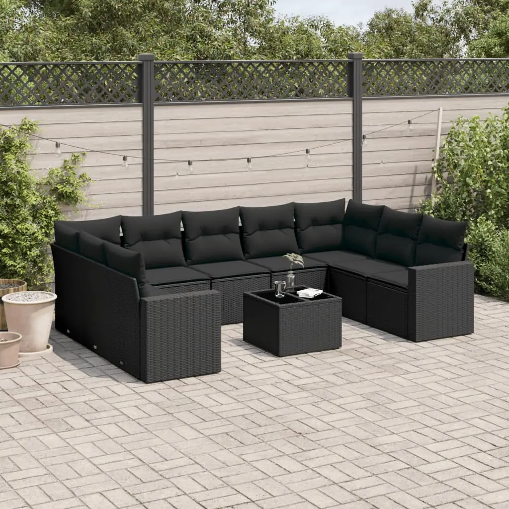 Set Divani da Giardino 10pz con Cuscini in Polyrattan Nero