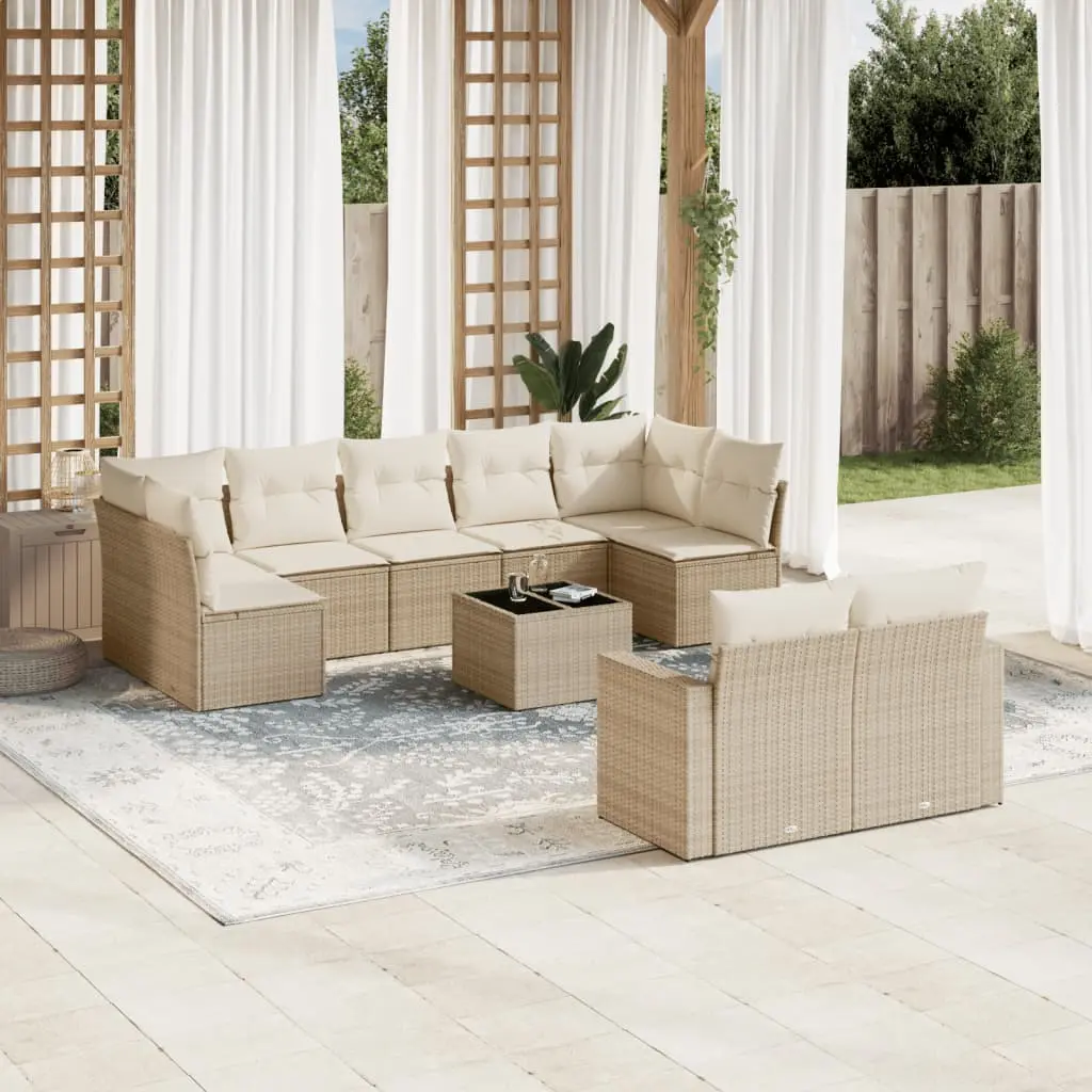 Set Divano da Giardino 10 pz con Cuscini Beige in Polyrattan