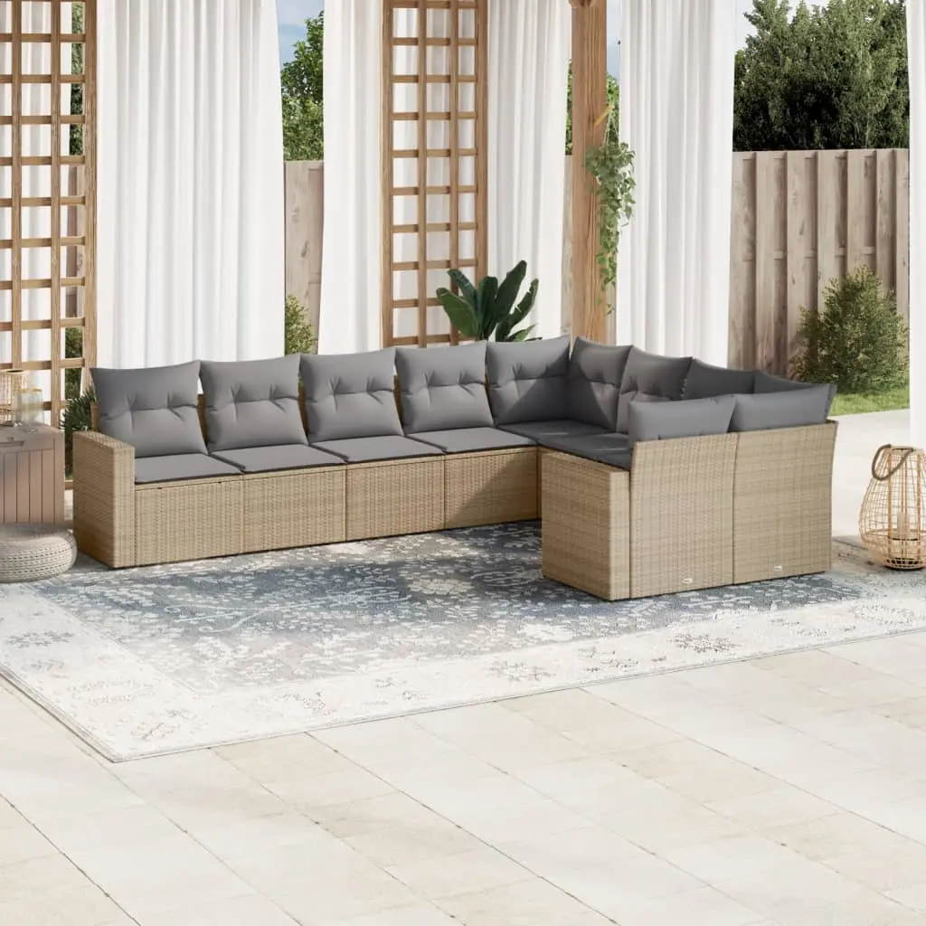 Set Divano da Giardino 9 pz con Cuscini Beige in Polyrattan