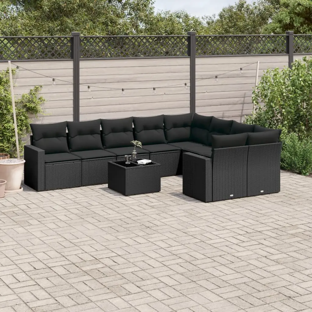 Set Divani da Giardino 10pz con Cuscini in Polyrattan Nero