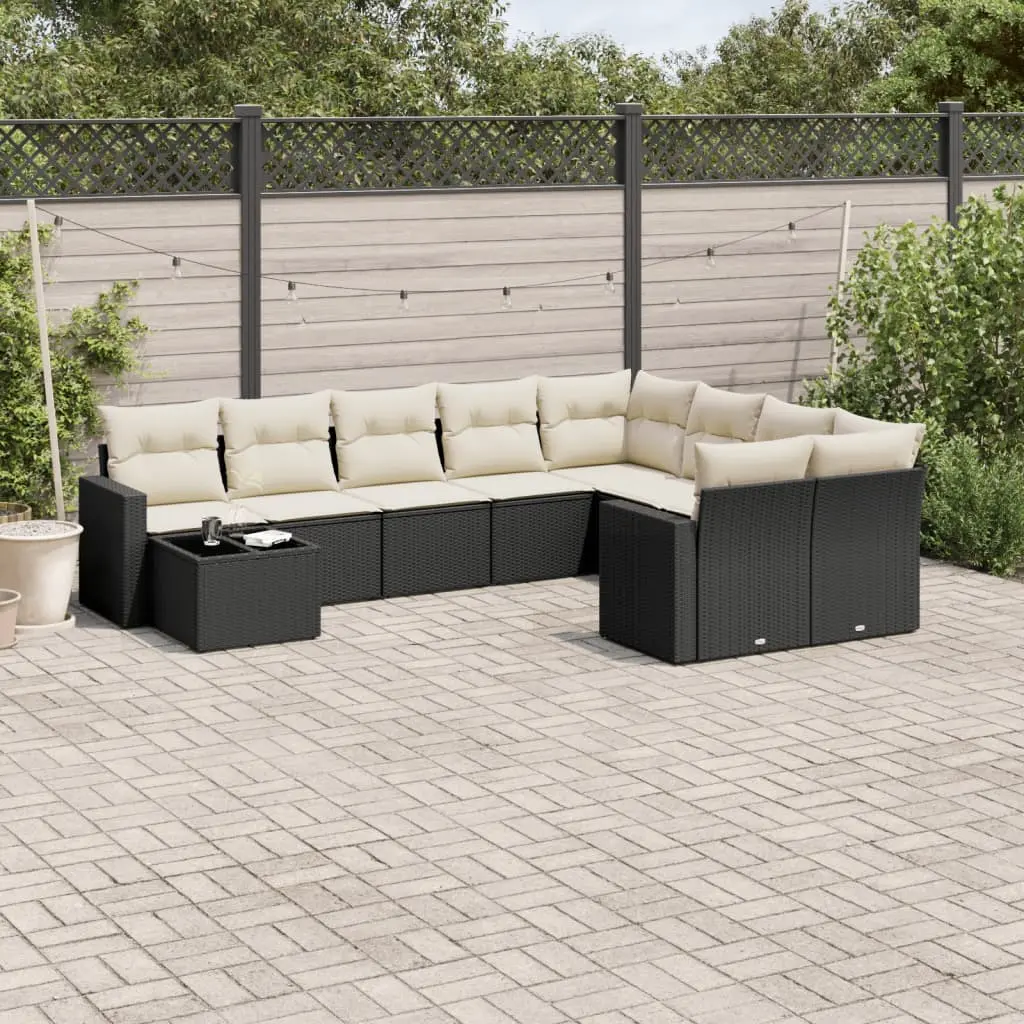 Set Divani da Giardino 10pz con Cuscini in Polyrattan Nero