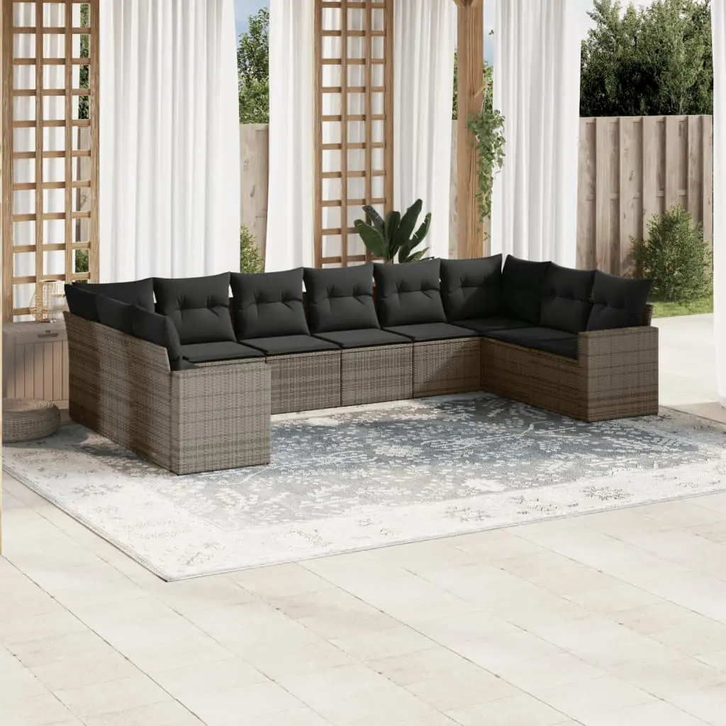 Set Divano da Giardino 10 pz con Cuscini Grigio in Polyrattan