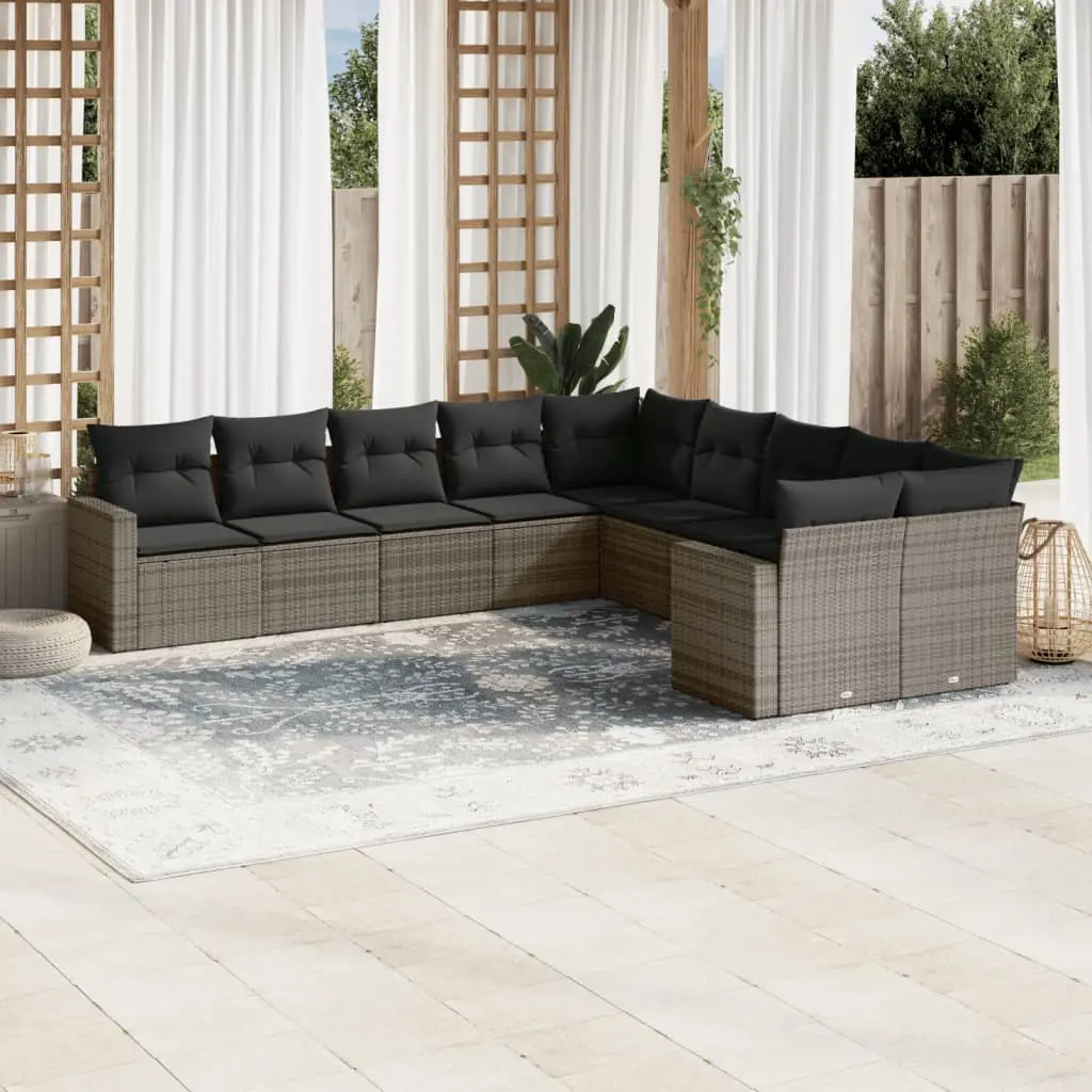 Set Divano da Giardino 10 pz con Cuscini Grigio in Polyrattan