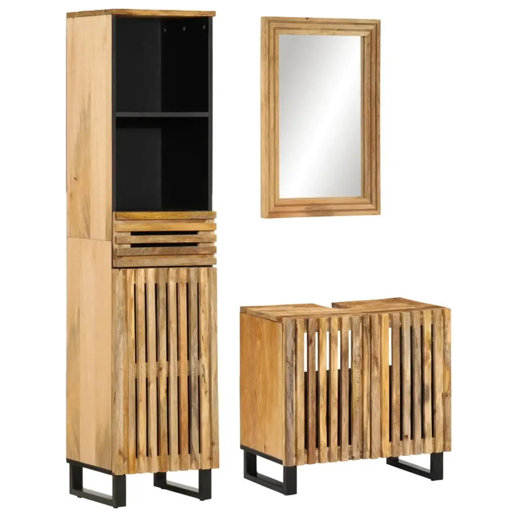 Set Mobili da Bagno 3 pz in Legno Massello di Mango Grezzo