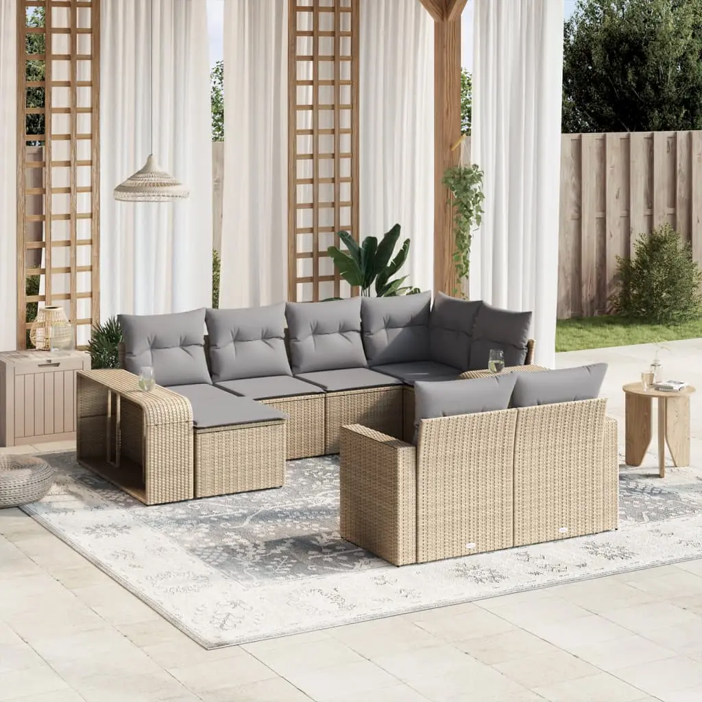 Set Divano da Giardino 10 pz con Cuscini Beige in Polyrattan