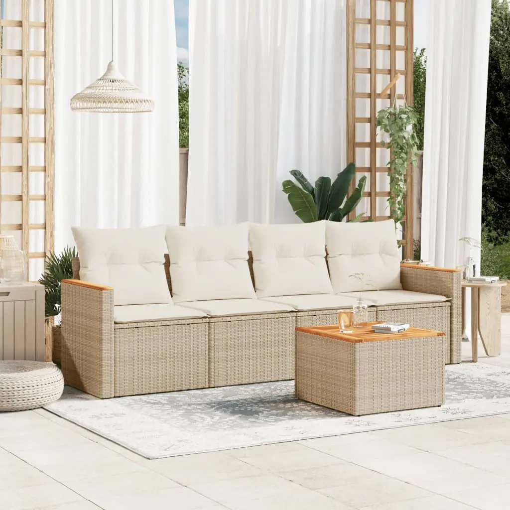 Set Divano da Giardino 5 pz con Cuscini Beige in Polyrattan