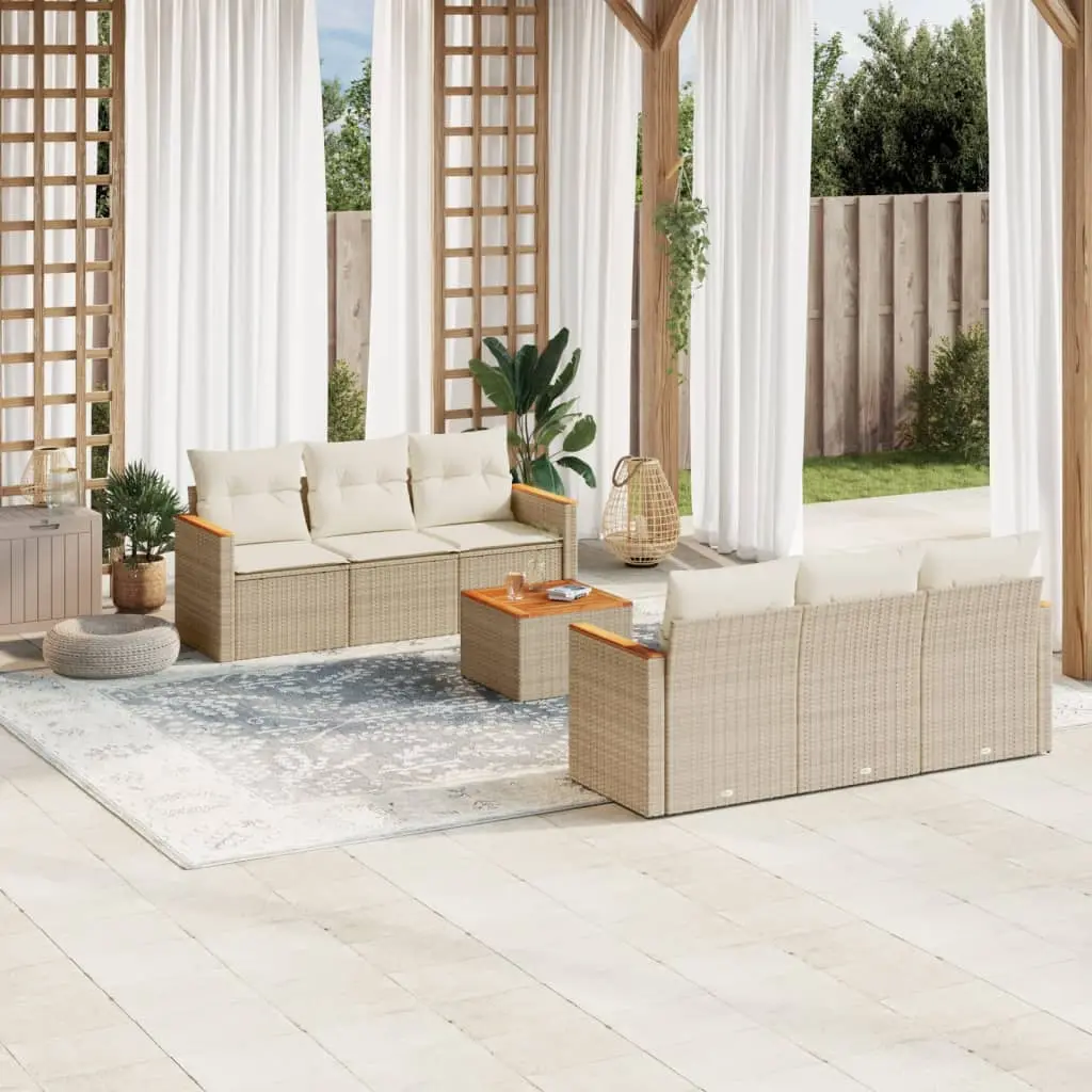 Set Divani da Giardino 7 pz con Cuscini Beige in Polyrattan