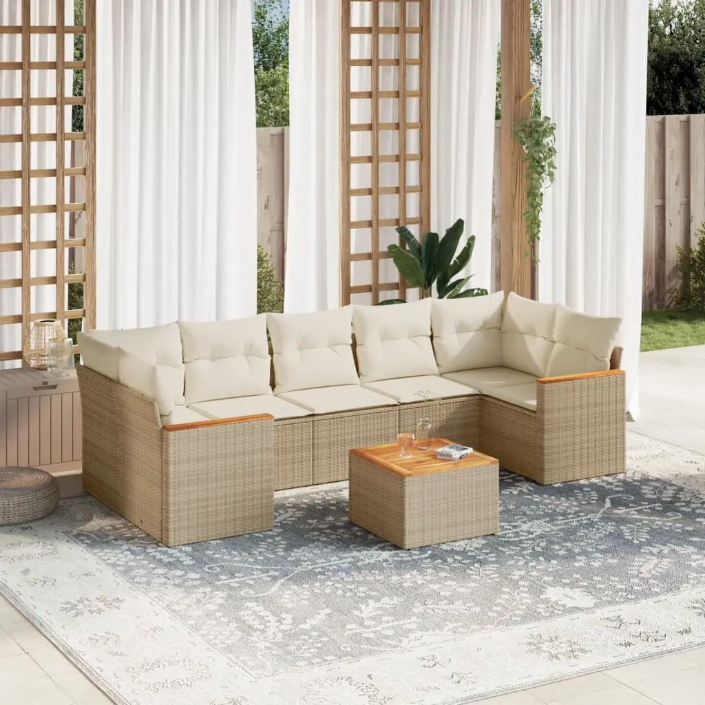 Set Divano da Giardino 8 pz con Cuscini Beige in Polyrattan