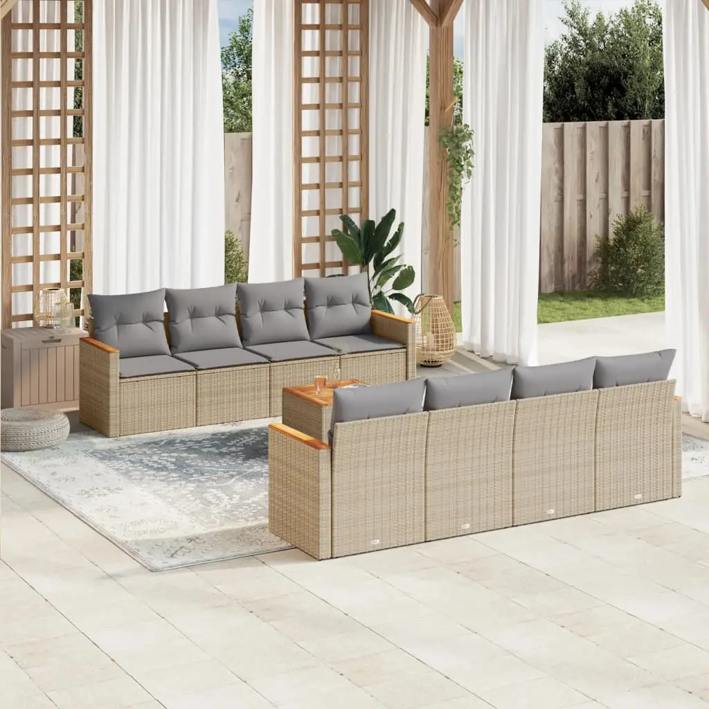 Set Divano da Giardino 9 pz con Cuscini Beige Misto Polyrattan