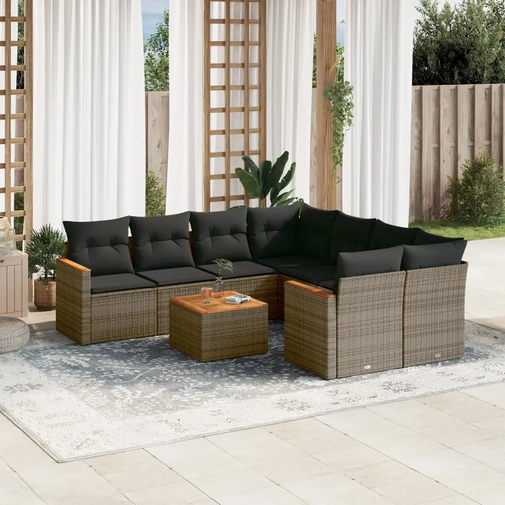 Set Divano da Giardino 9 pz con Cuscini Grigio in Polyrattan