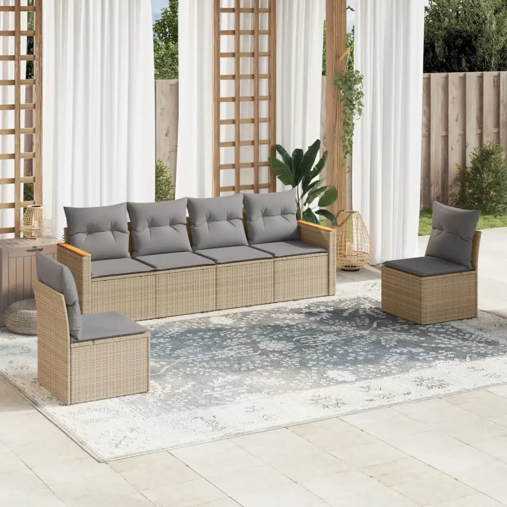 Set Divano da Giardino 6 pz con Cuscini Beige Misto Polyrattan