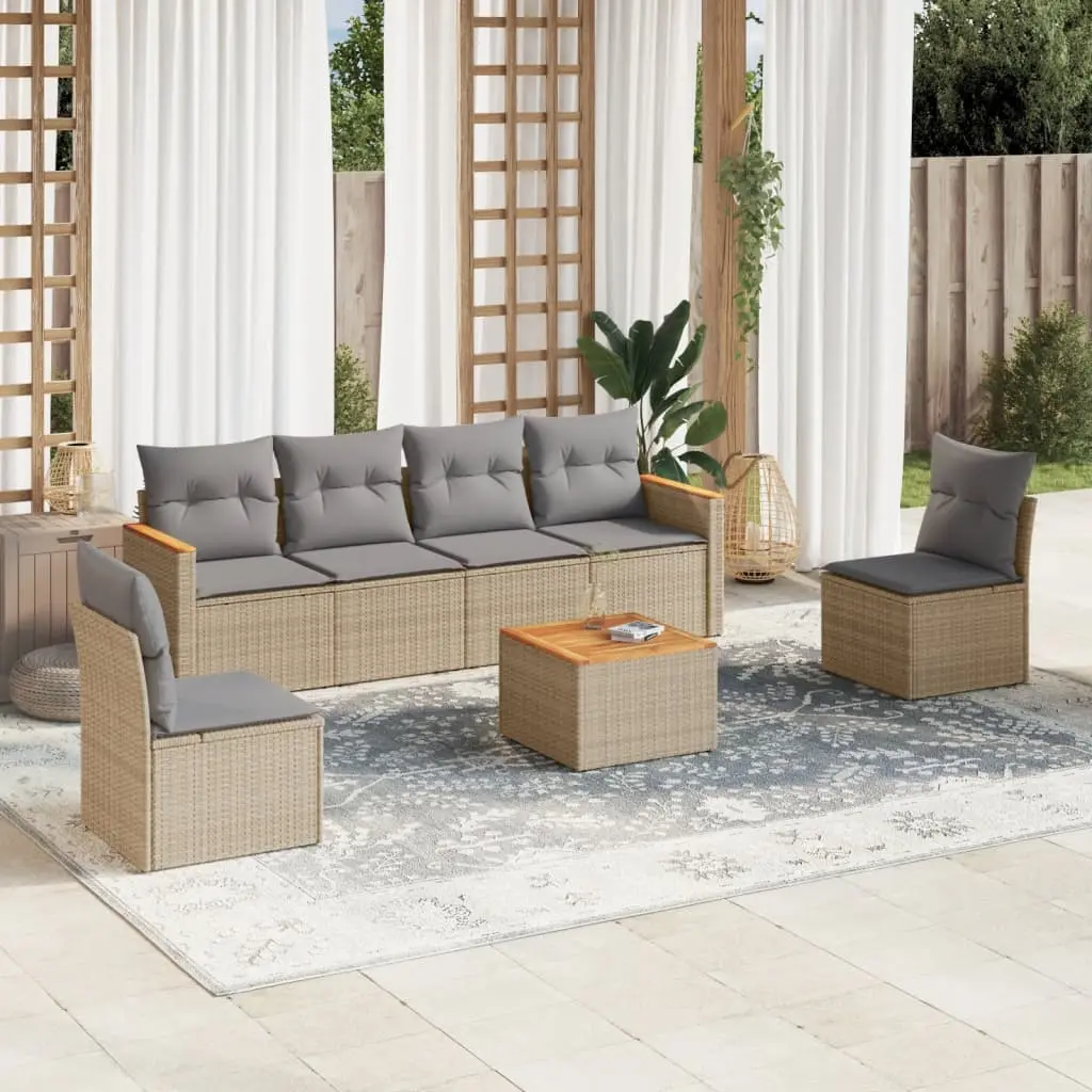 Set Divano da Giardino 7 pz con Cuscini Beige Misto Polyrattan