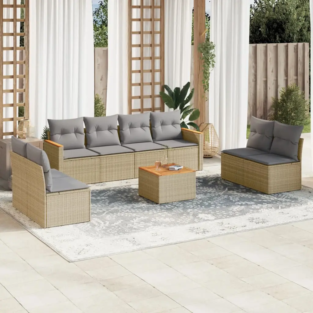 Set Divano da Giardino 9 pz con Cuscini Beige Misto Polyrattan