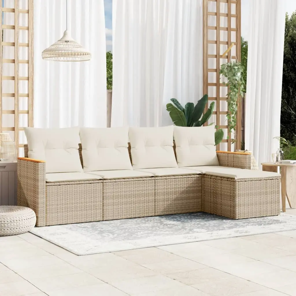 Set Divano da Giardino 5 pz con Cuscini Beige in Polyrattan