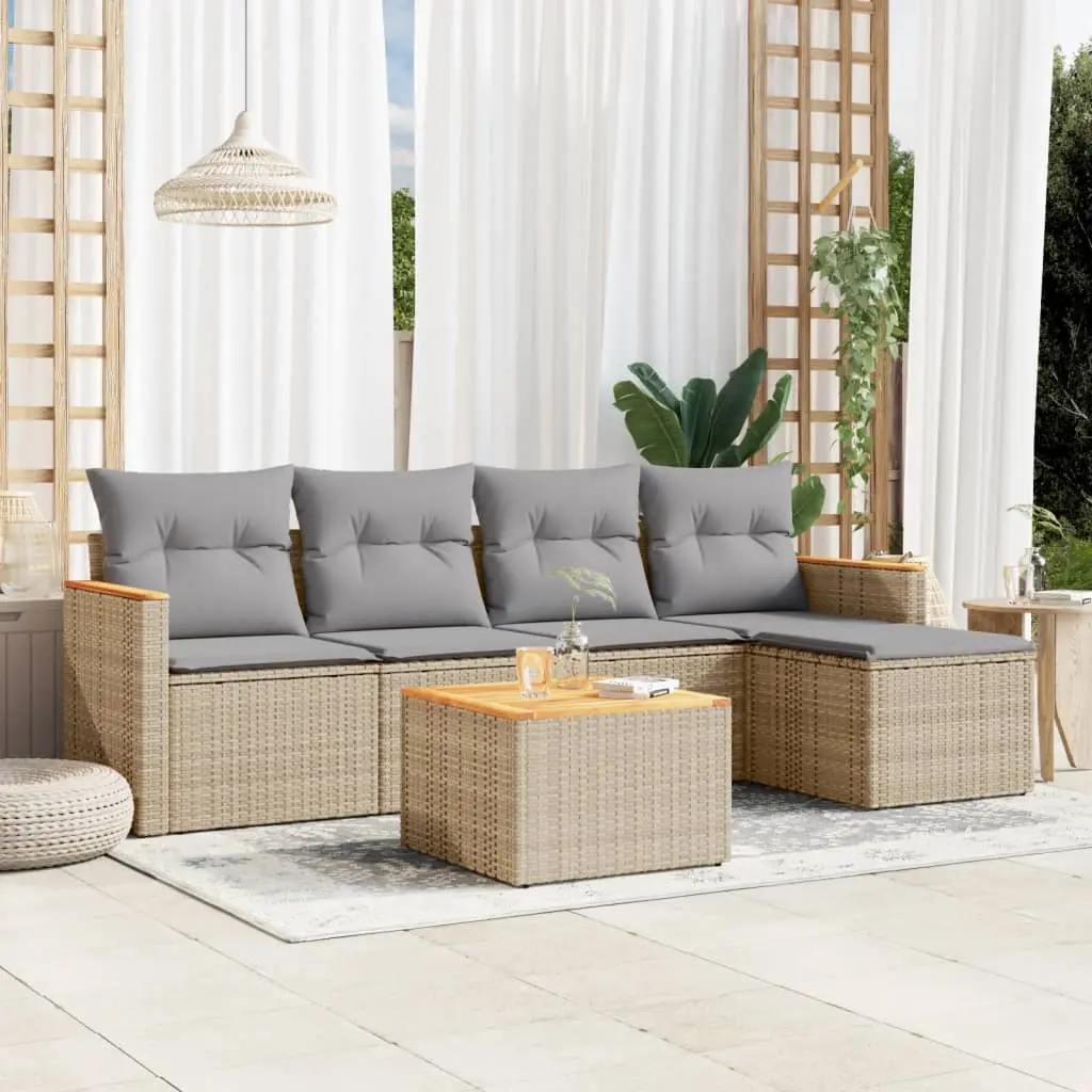 Set Divano da Giardino 6 pz con Cuscini Beige Misto Polyrattan