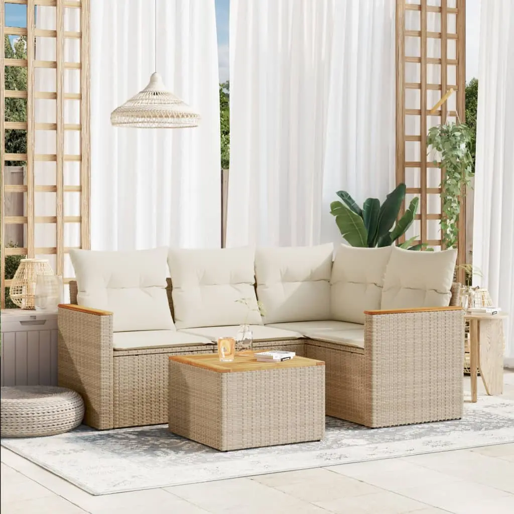 Set Divano da Giardino 5 pz con Cuscini Beige in Polyrattan