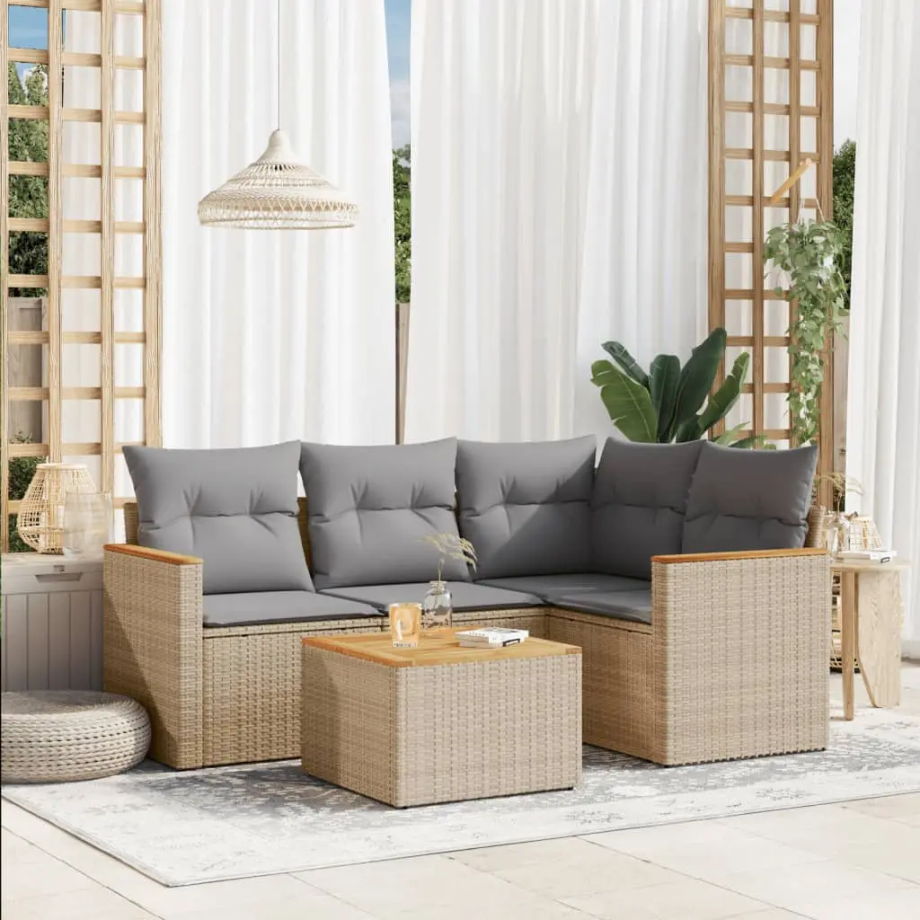 Set Divano da Giardino 5 pz con Cuscini Beige Misto Polyrattan