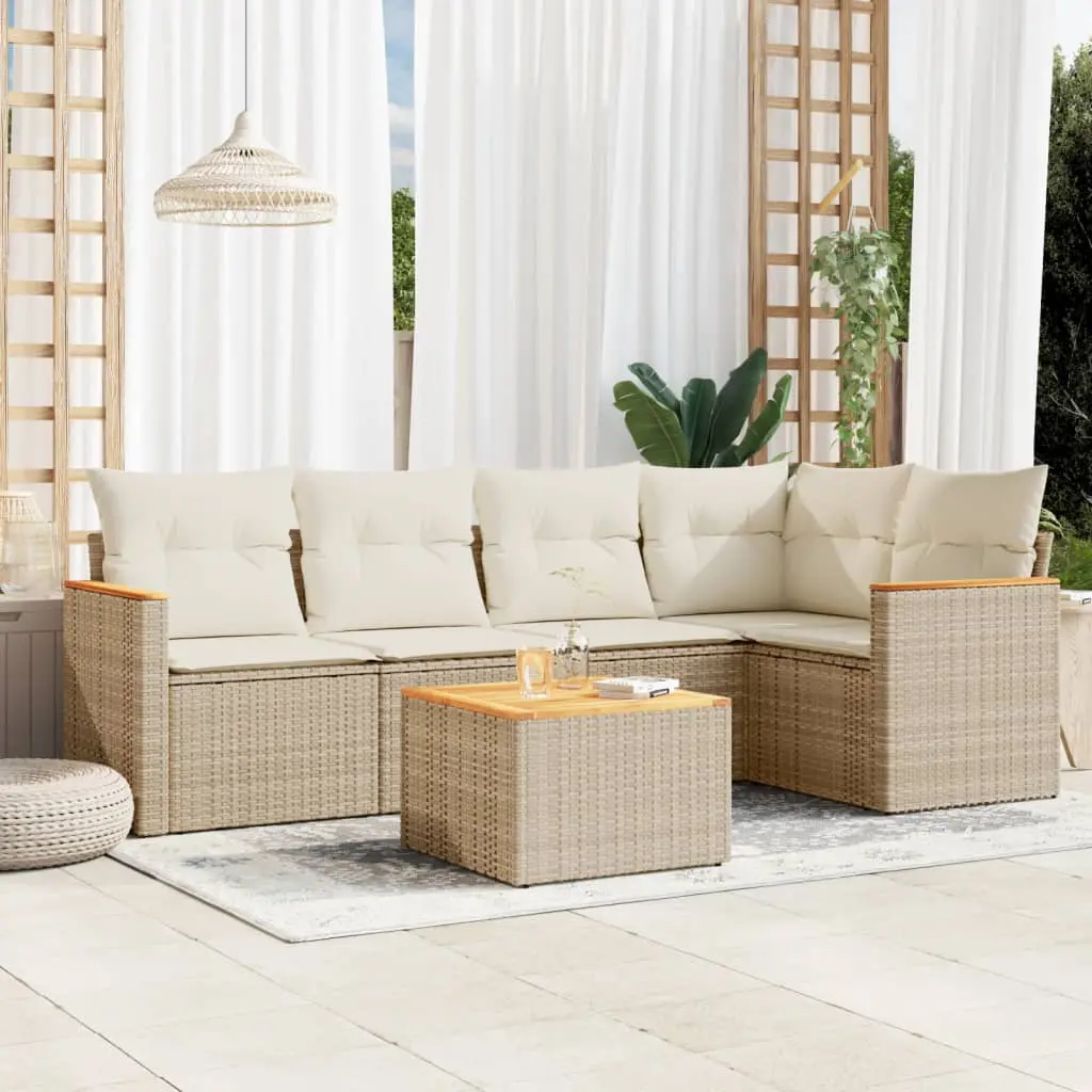 Set Divano da Giardino 6 pz con Cuscini Beige in Polyrattan