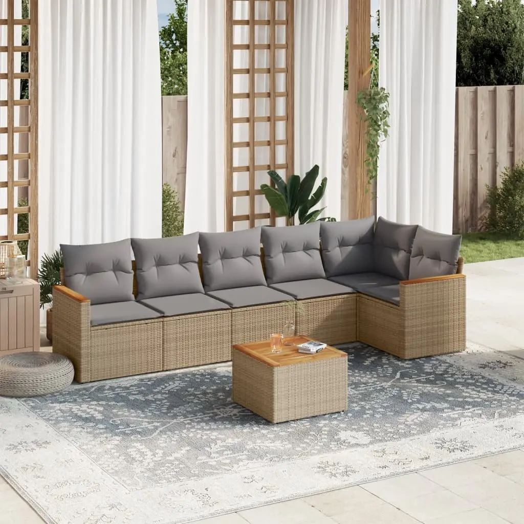 Set Divano da Giardino 7 pz con Cuscini Beige Misto Polyrattan