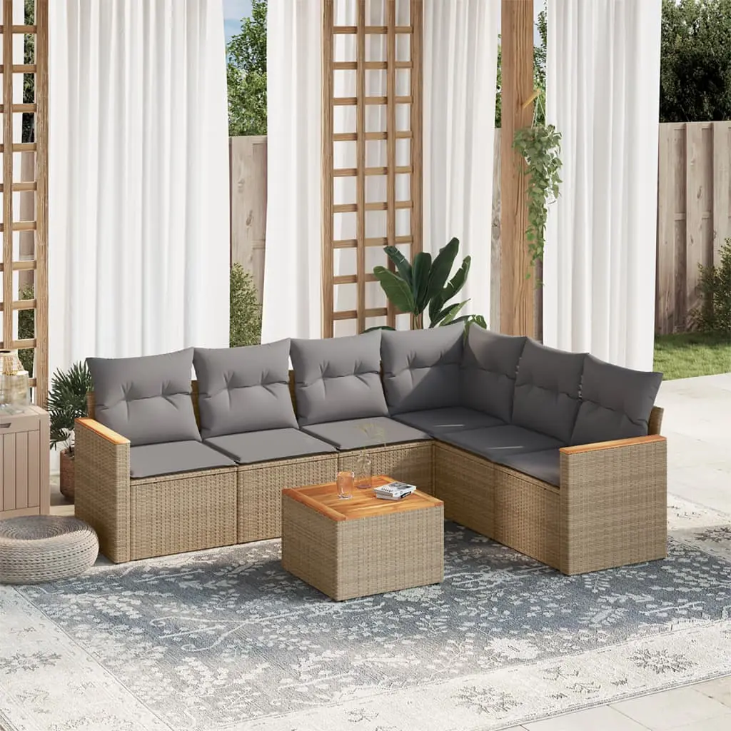 Set Divano da Giardino 7 pz con Cuscini Beige Misto Polyrattan