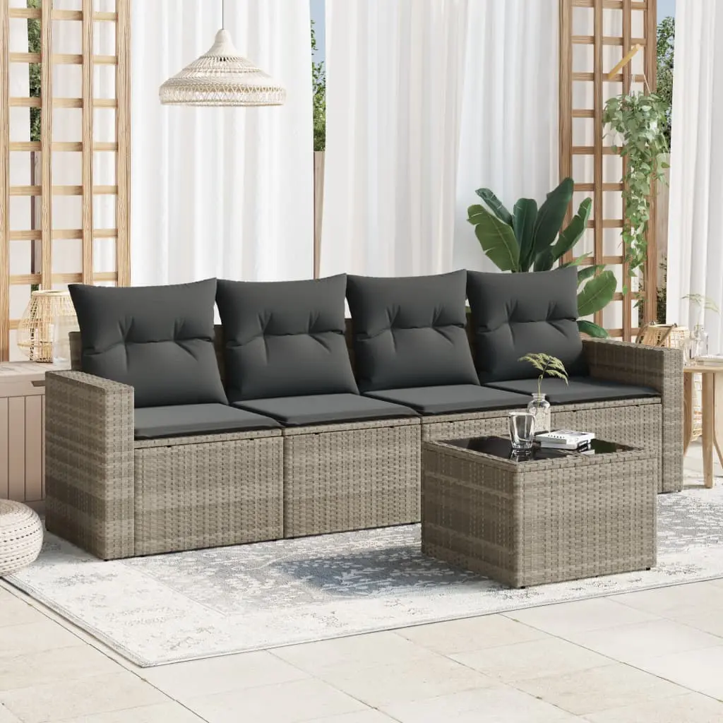 Set Divano da Giardino 5pz con Cuscini Grigio Chiaro Polyrattan