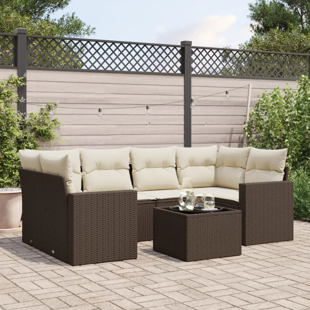 Set Divano da Giardino 7pz con Cuscini Marrone in Polyrattan