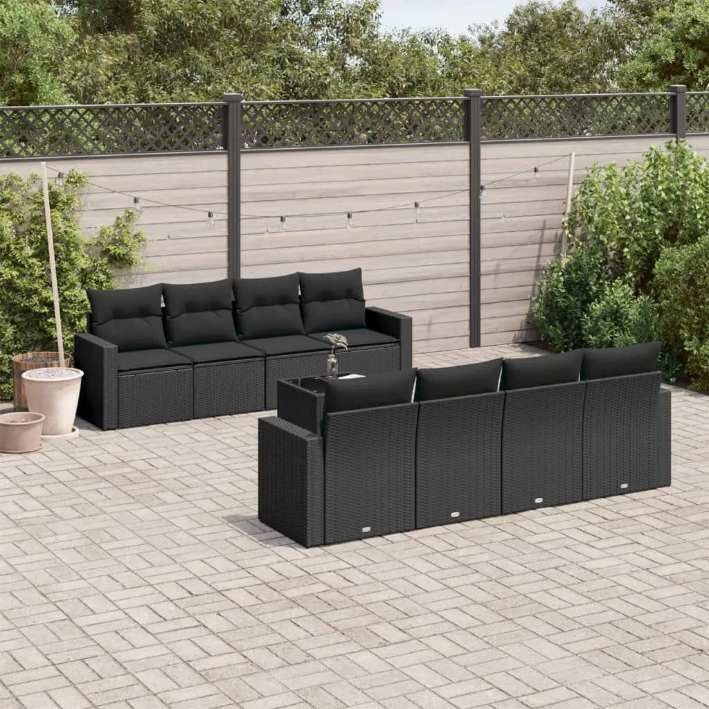 vidaXL Set Divani da Giardino 9 pz con Cuscini Nero in Polyrattan