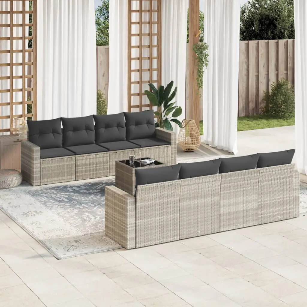 Set Divano da Giardino 9pz con Cuscini Grigio Chiaro Polyrattan