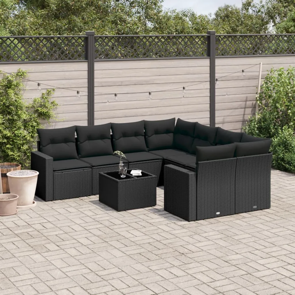 vidaXL Set Divani da Giardino 9 pz con Cuscini Nero in Polyrattan