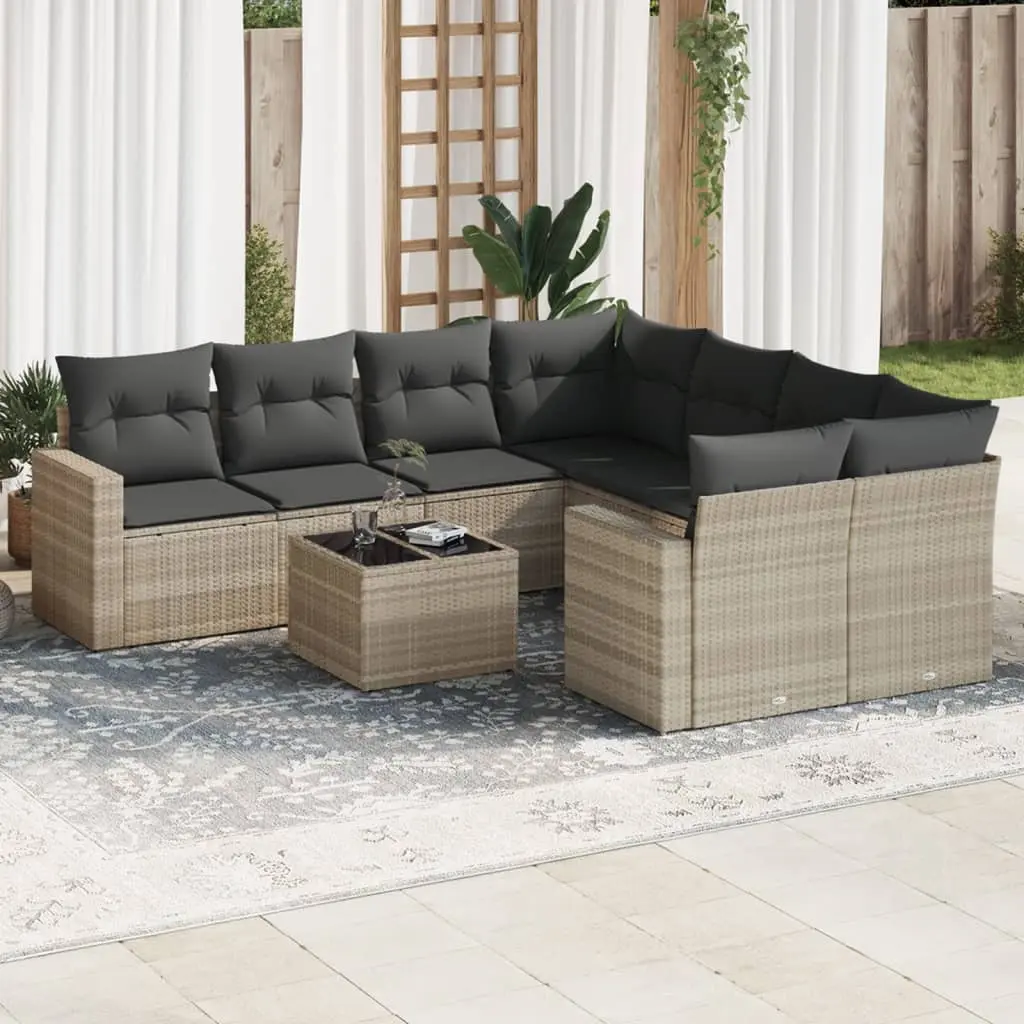 Set Divano da Giardino 9pz con Cuscini Grigio Chiaro Polyrattan