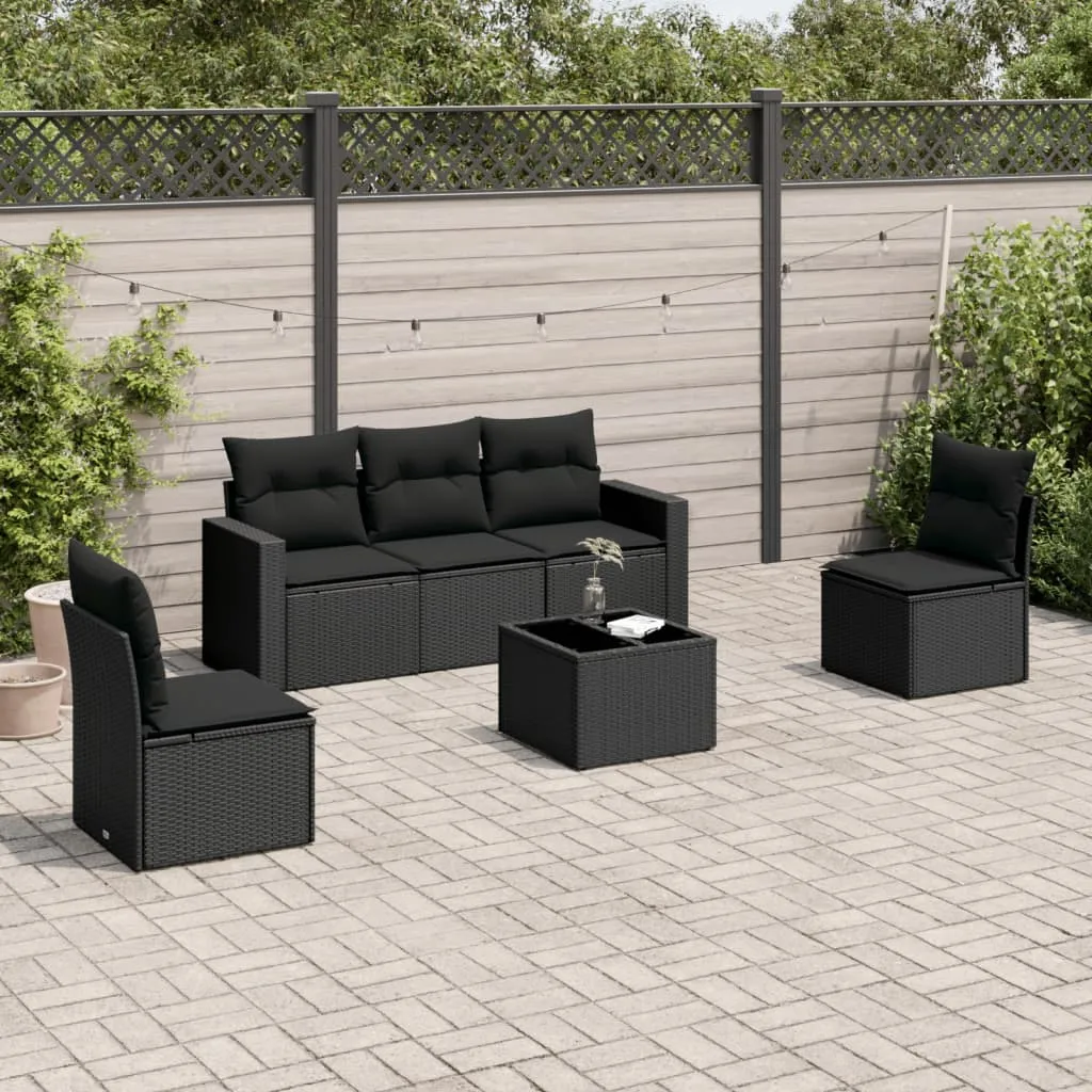 vidaXL Set Divano da Giardino 6 pz con Cuscini Nero in Polyrattan