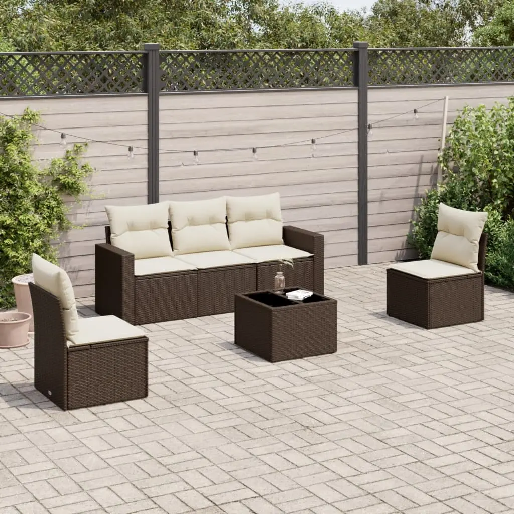 Set Divano da Giardino 6 pz con Cuscini Marrone in Polyrattan