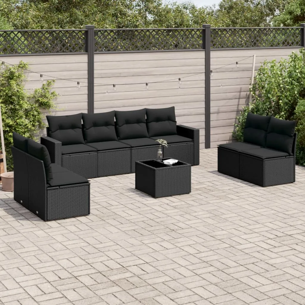 vidaXL Set Divani da Giardino 9 pz con Cuscini Nero in Polyrattan