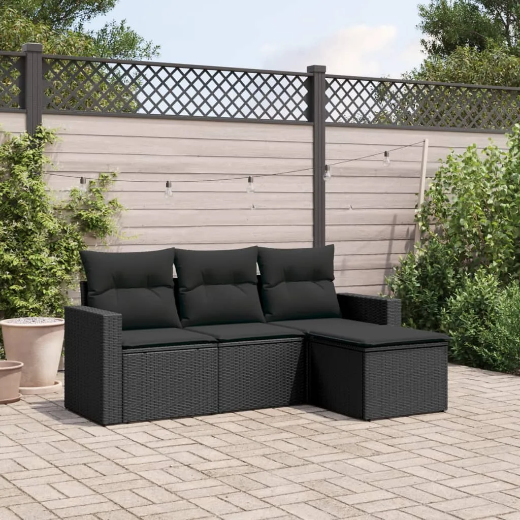 vidaXL Set Divani da Giardino 4 pz con Cuscini Nero in Polyrattan