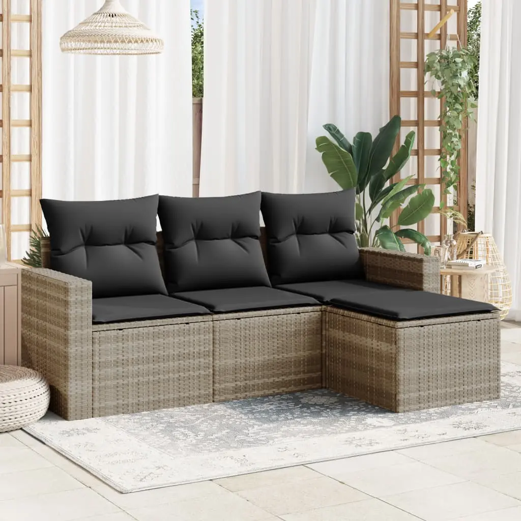 Set Divano da Giardino 4pz con Cuscini Grigio Chiaro Polyrattan