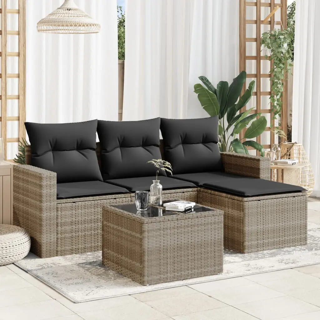 Set Divano da Giardino 5pz con Cuscini Grigio Chiaro Polyrattan