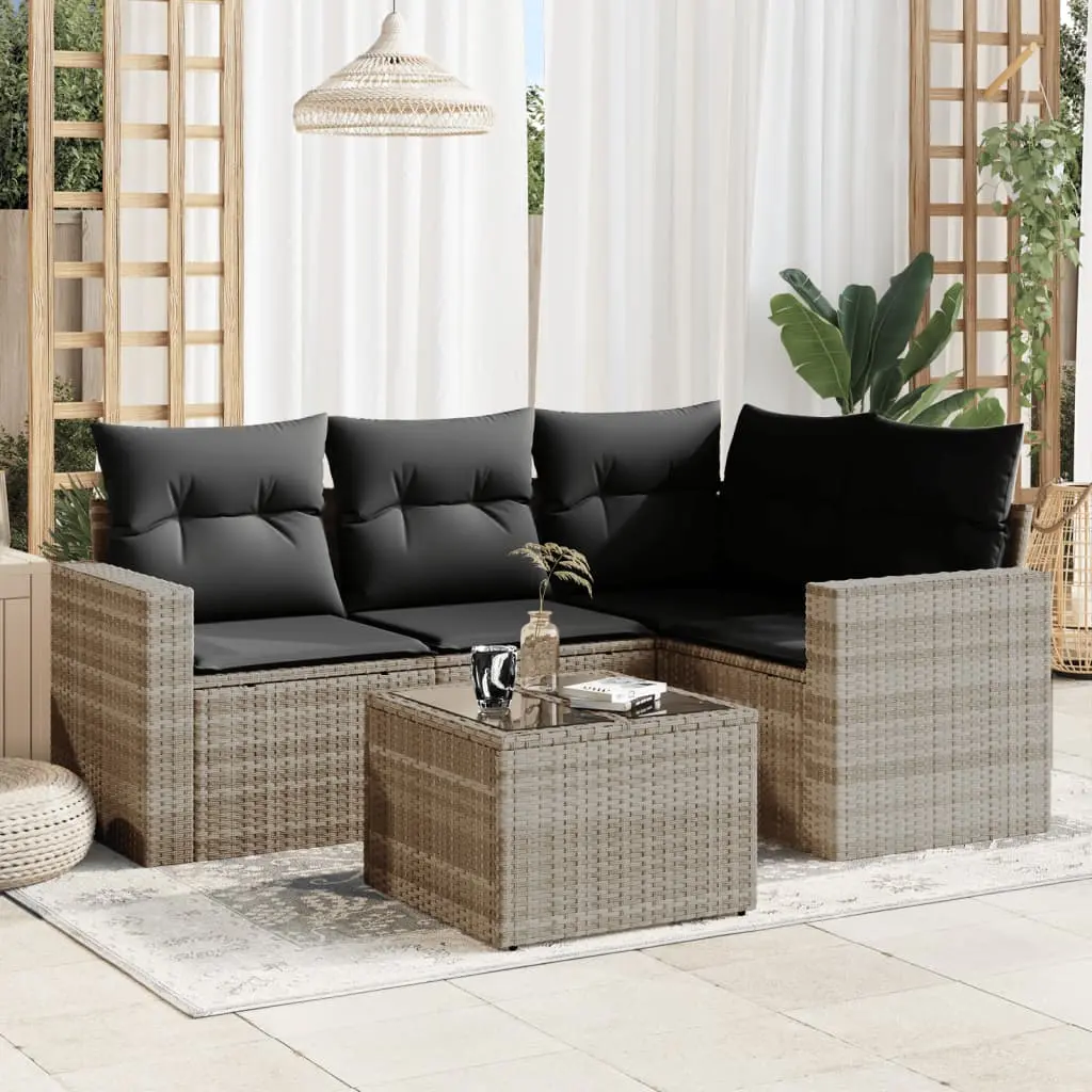 Set Divano da Giardino 5pz con Cuscini Grigio Chiaro Polyrattan