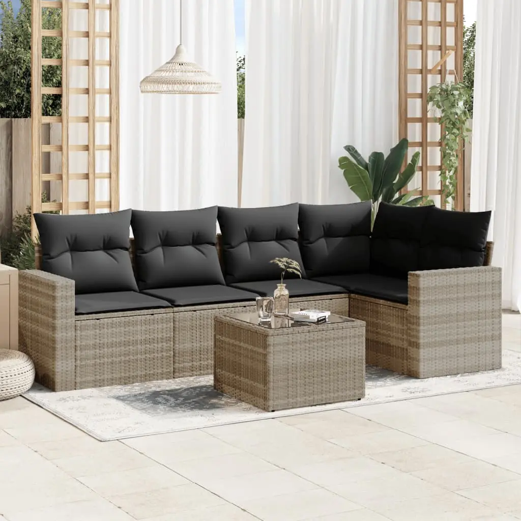 Set Divano da Giardino 6pz con Cuscini Grigio Chiaro Polyrattan