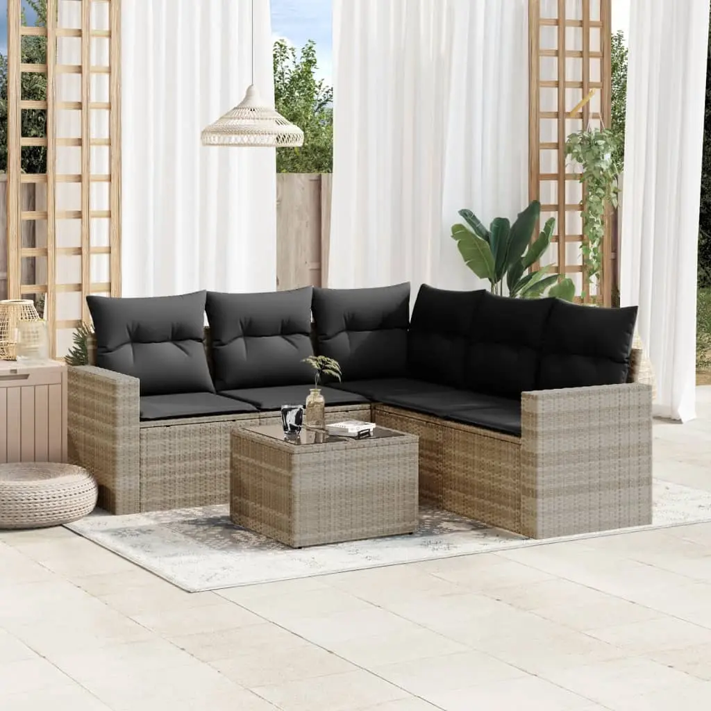 Set Divano da Giardino 6pz con Cuscini Grigio Chiaro Polyrattan