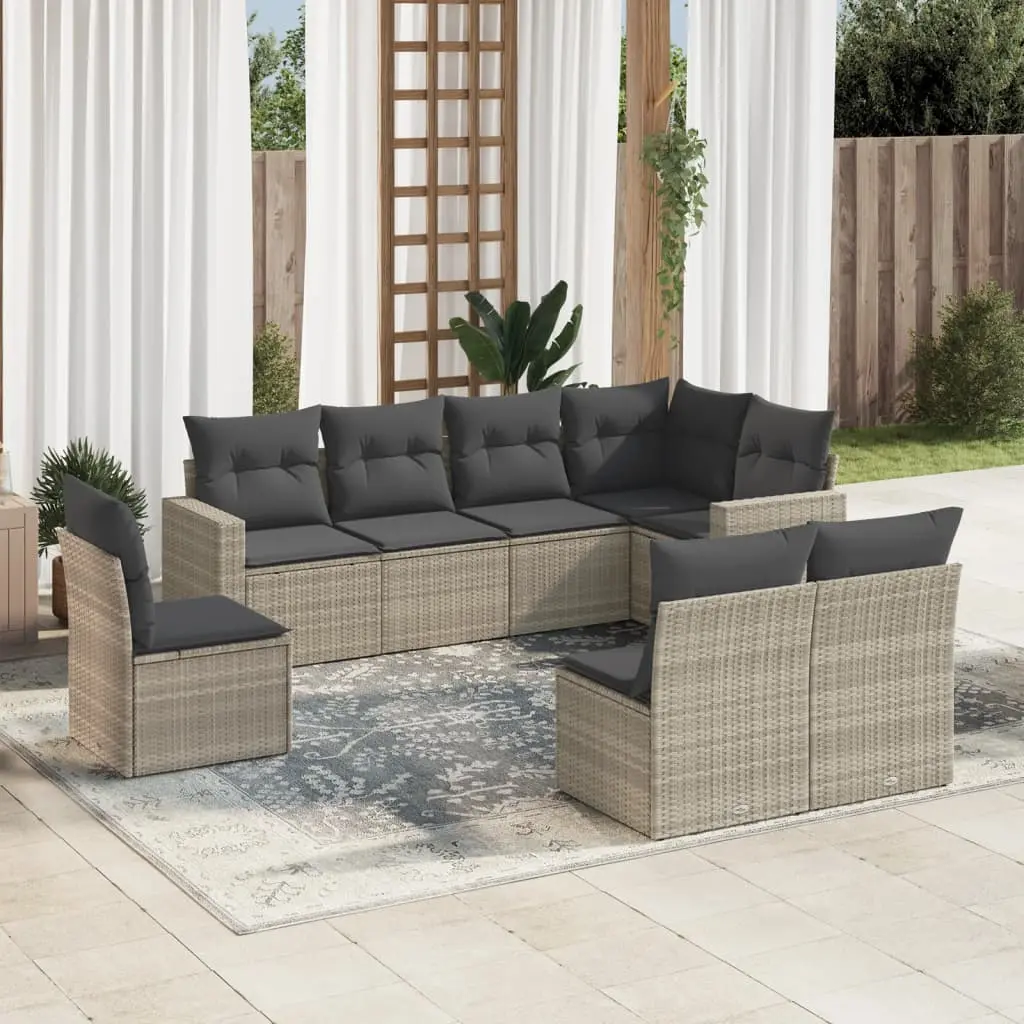 Set Divano da Giardino 8pz con Cuscini Grigio Chiaro Polyrattan