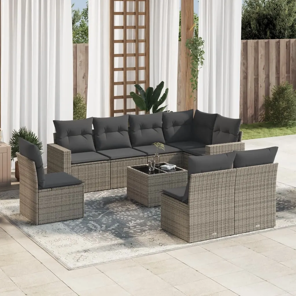 vidaXL Set Divano da Giardino 9 pz con Cuscini Grigio in Polyrattan