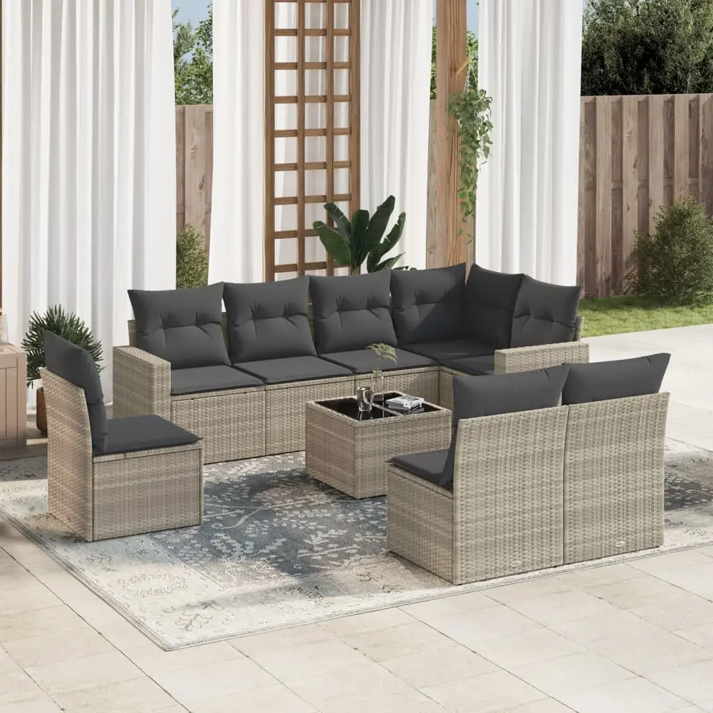 Set Divano da Giardino 9pz con Cuscini Grigio Chiaro Polyrattan