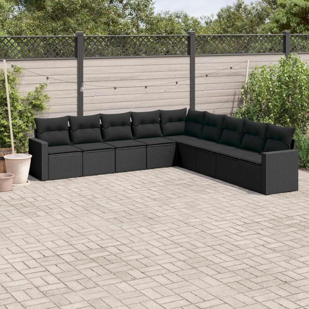 vidaXL Set Divani da Giardino 9 pz con Cuscini Nero in Polyrattan