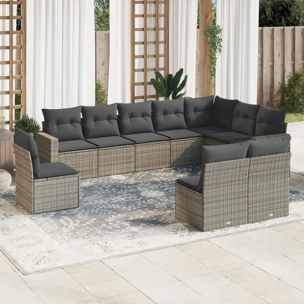 vidaXL Set Divano da Giardino 10 pz con Cuscini Grigio in Polyrattan